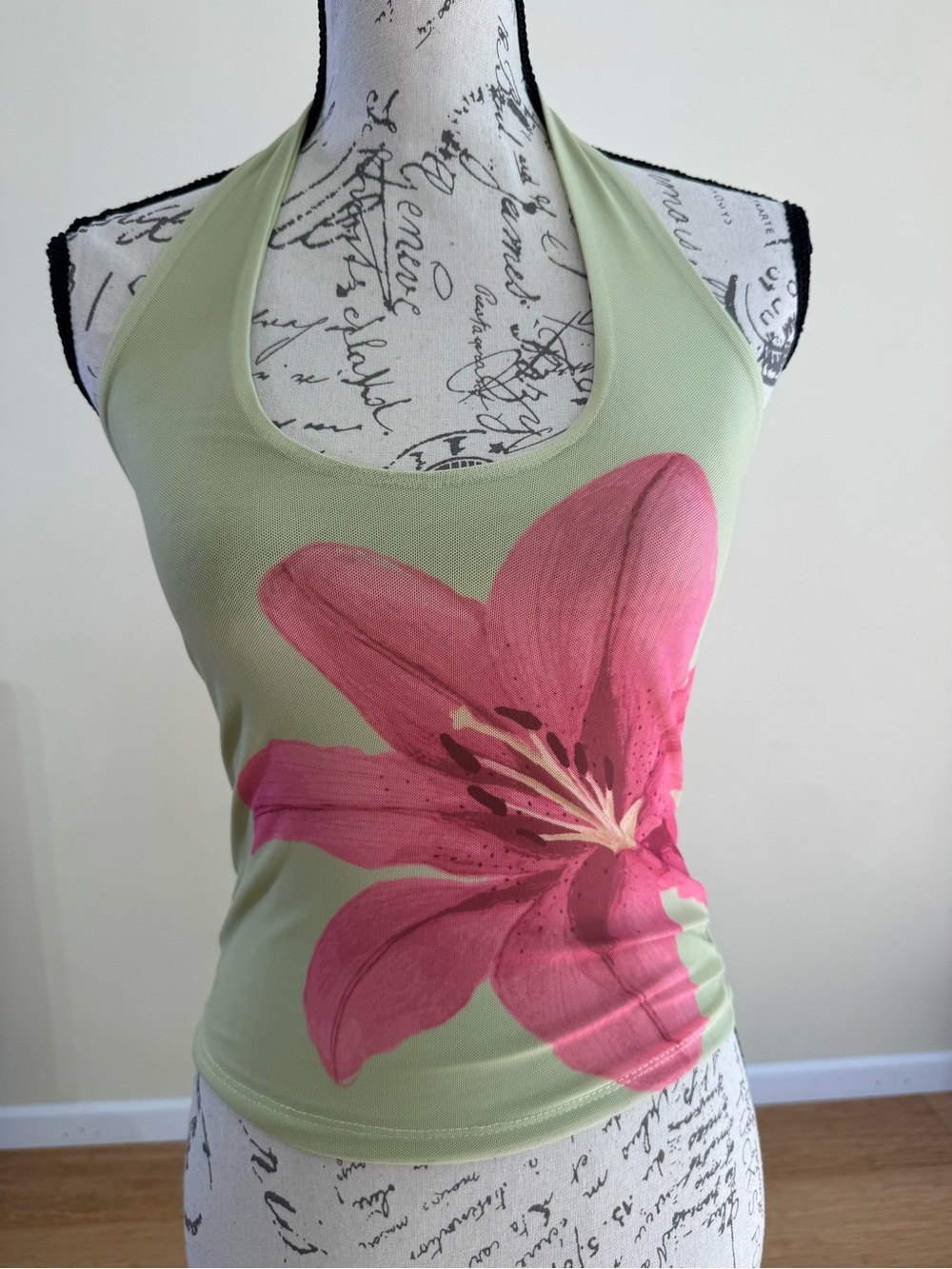 Pink Rose Green Halter Tank Top with Pink Floral Graphic Size S